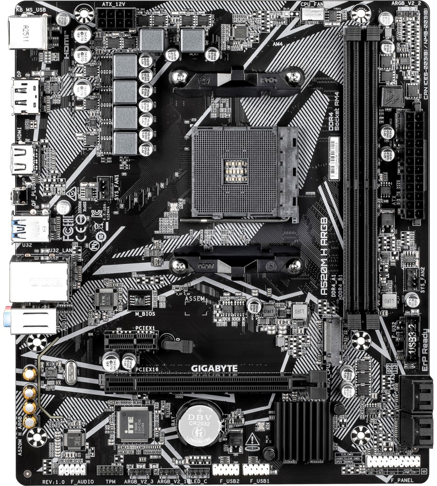 Дънна платка Gigabyte A520M H ARGB Дънна платка Gigabyte A520M H ARGB - AMD AM4, AMD A520, DDR4, Micro ATX -
