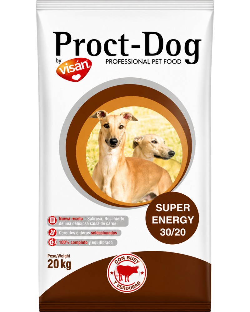 Суха храна за кучета с много повишени енергийни нужди Proct-Dog Adult Super Energy Суха храна за кучета с много повишени енергийни нужди Proct-Dog Adult Super Energy - 20 kg, с говеждо и зеленчуци, за всички породи, в зряла възраст - храна
