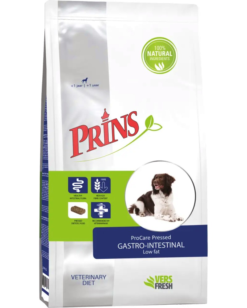 Натурална суха храна за кучета със стомашно-чревни проблеми Prins ProCare Pressed Gastro-Intestinal Натурална суха храна за кучета със стомашно-чревни проблеми Prins ProCare Pressed Gastro-Intestinal - 3 и 12 kg, от серията Dietetic, за всички породи, над 1 година - храна