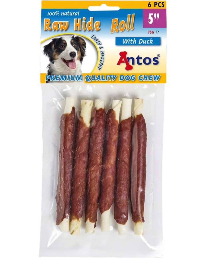 Натурални солети за кучета Antos Raw Hide White Натурални солети за кучета Antos Raw Hide White - 6 броя, с телешка кожа и патешко месо, за дребни и малки породи - храна