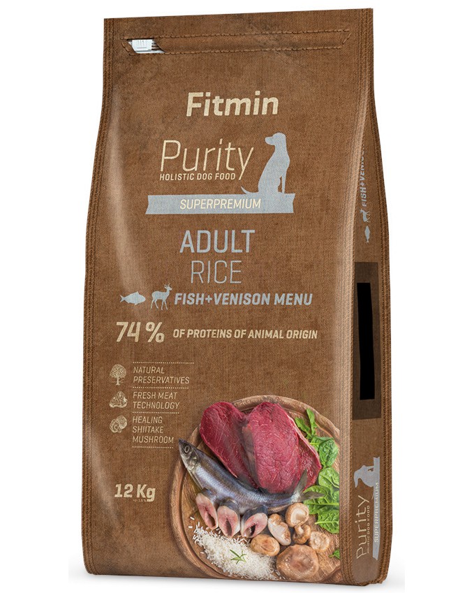 Суха храна за кучета Fitmin Superpremium Adult Суха храна за кучета Fitmin Superpremium Adult - 12 kg, с ориз, риба и еленско, от серията Purity Holistic, в зряла възраст - храна