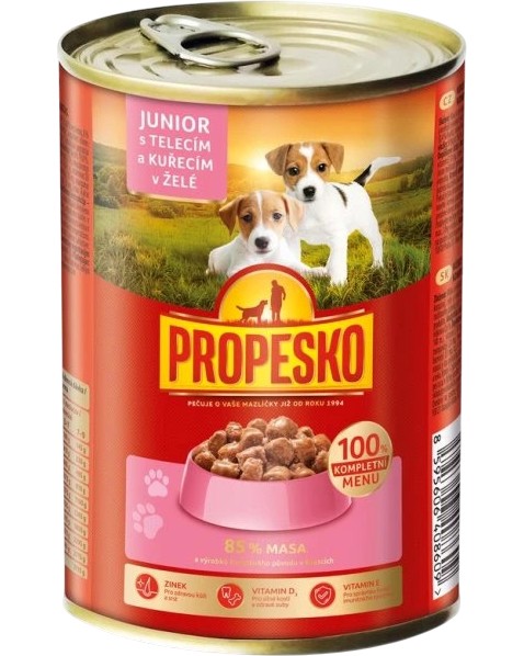 Консерва за кучета PROPESKO Junior Консерва за кучета PROPESKO Junior - 415 и 12 x 415 g, с пилешко и телешко, за подрастващи, от всички породи - храна