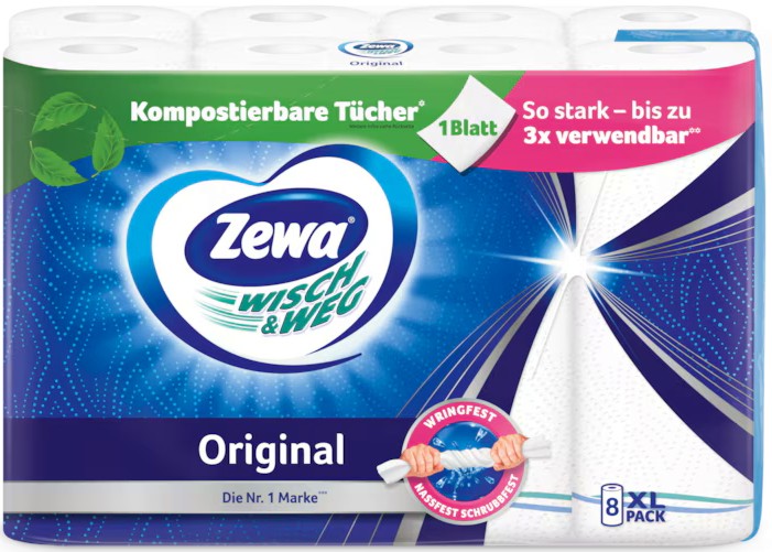 Двупластова кухненска хартия Zewa Wish & Weg Original Двупластова кухненска хартия Zewa Wish & Weg Original - 8 ролки x 45 къса - продукт