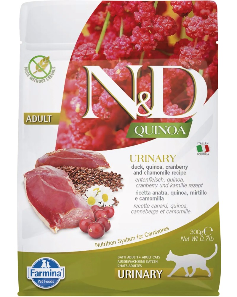 Суха храна за котки за поддържане на уринарния тракт N&D Urinary Суха храна за котки за поддържане на уринарния тракт N&D Urinary - 0.3 ÷ 5 kg, с патешко, киноа, червена боровинка и лайка, от серията Quinoa, в зряла възраст - храна