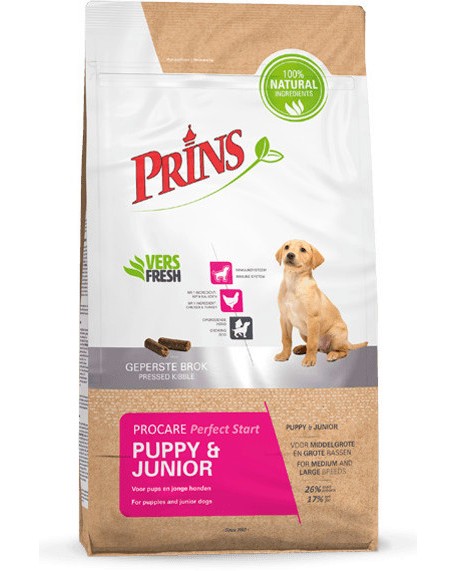 Натурална студено пресована суха храна за кучета Prins Puppy and Junior Perfect Start Натурална студено пресована суха храна за кучета Prins Puppy and Junior Perfect Start - 3 ÷ 20 kg, с пилешко и пуешко, от серията ProCare, от 4 седмици до 1 година - храна