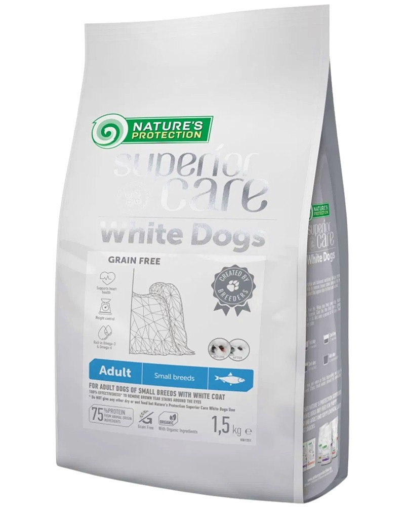 Суха храна за кучета с бяла козина NATURE'S PROTECTION Superior Care White Dog Adult Small Breeds Суха храна за кучета с бяла козина NATURE'S PROTECTION Superior Care White Dog Adult Small Breeds - 1.5 и 10 kg, с херинга, за дребни и малки породи, над 1 година - храна