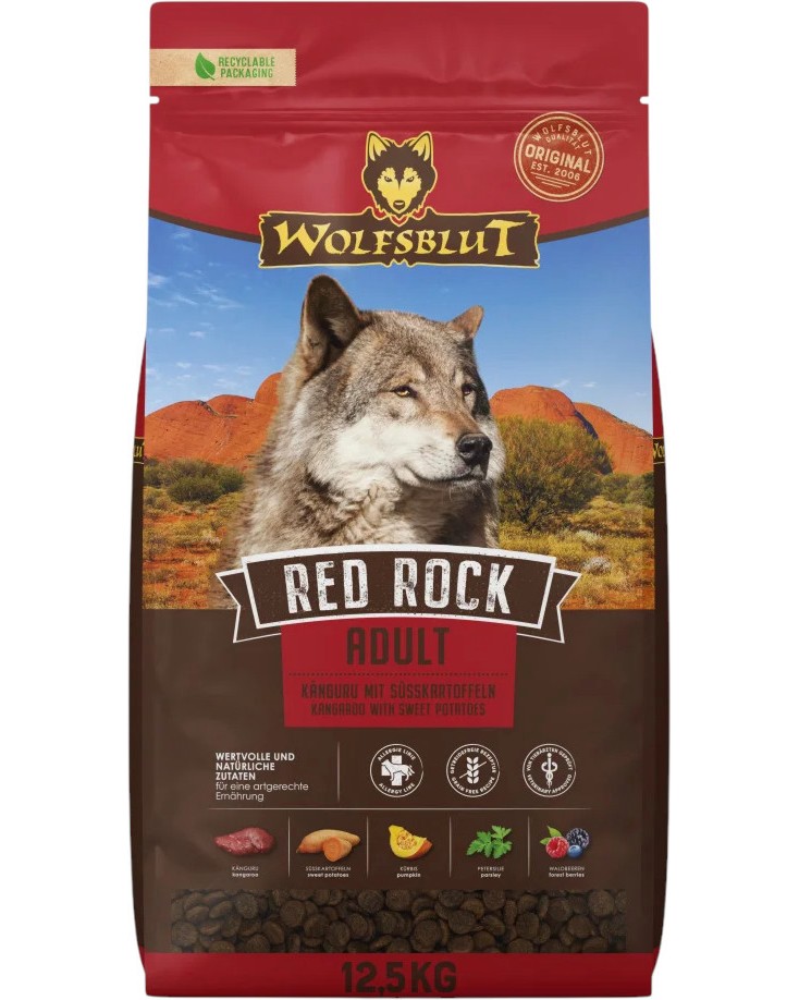 Суха храна за кучета Wolfsblut Red Rock Adult Суха храна за кучета Wolfsblut Red Rock Adult - 12.5 kg, с кенгуру и тиква, в зряла възраст - храна