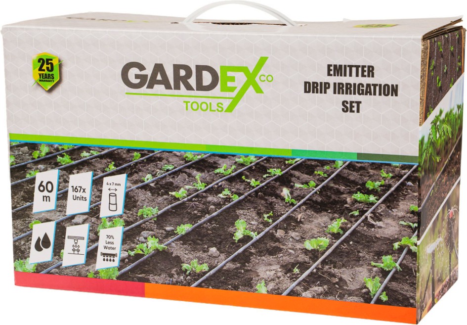 Комплект за капково напояване с емитери Gardex Комплект за капково напояване с емитери Gardex - 60 m, 167 части от серията Harvest GX -