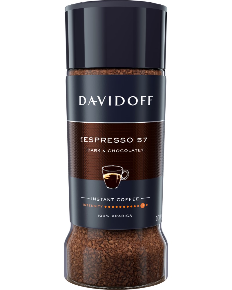 Разтворимо кафе DAVIDOFF Espresso 57 Разтворимо кафе DAVIDOFF Espresso 57 - 100 g, стъклен буркан - напитка