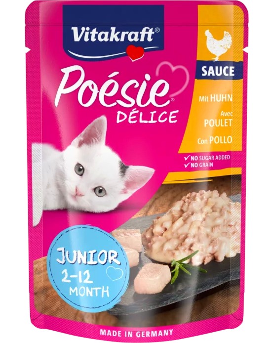 Пауч за котки Vitakraft Delice Junior Пауч за котки Vitakraft Delice Junior - 85 g, с пилешко в сос, от серията Poesie, от 2 до 12 месеца - храна