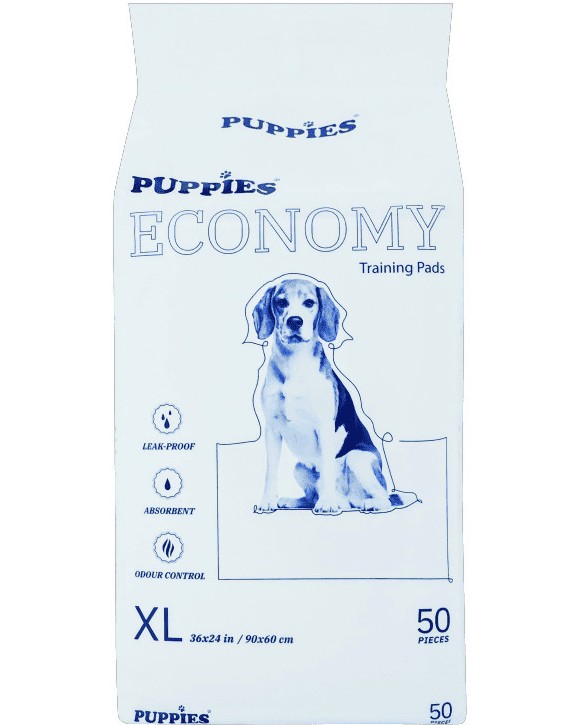 Хигиенни постелки за кучета PUPPIES Economy XL Хигиенни постелки за кучета PUPPIES Economy XL - 50 и 6 x 50 броя, 90 x 60 cm - продукт