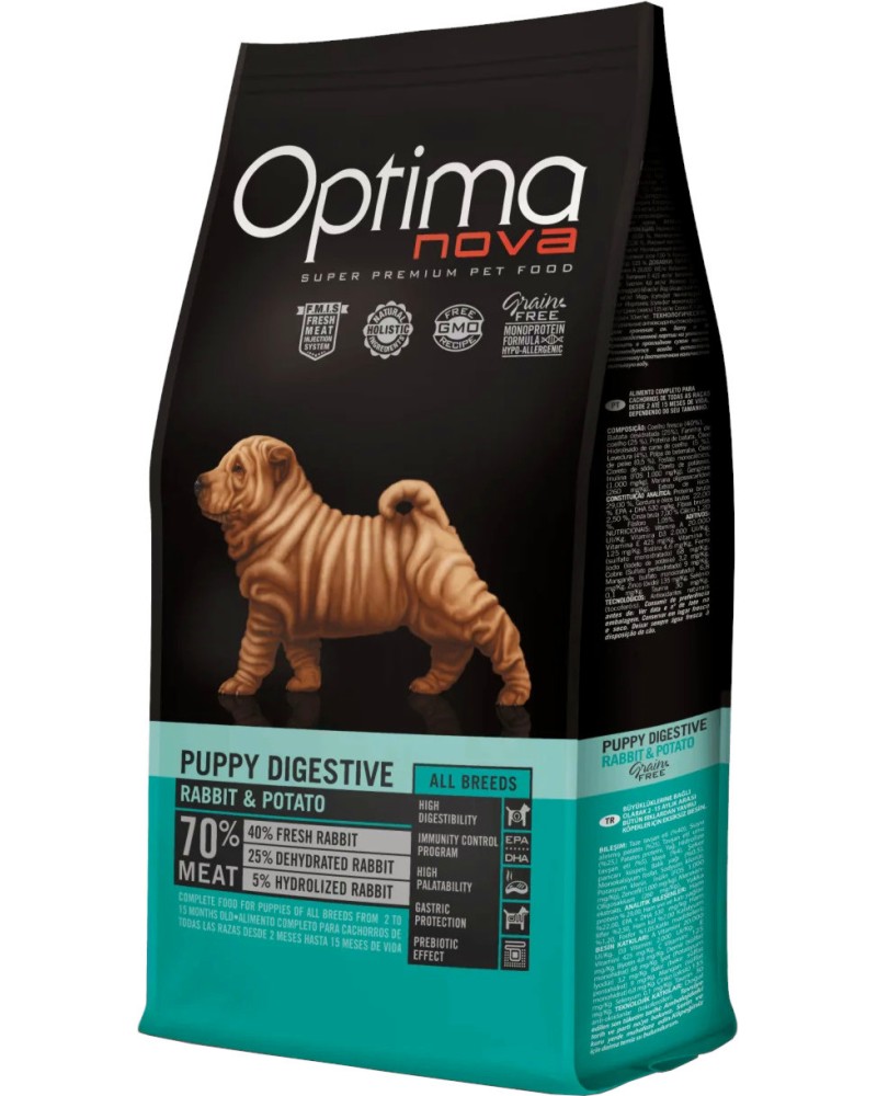 Суха храна за кучета с чувствително храносмилане Optima Nova Puppy Digestive Суха храна за кучета с чувствително храносмилане Optima Nova Puppy Digestive - 2 и 12 kg, със заешко и картофи, от 2 до 15 месеца - храна