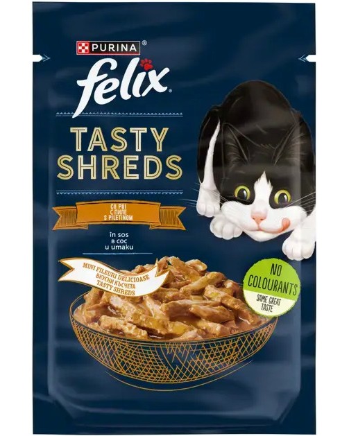 Пауч за котки Felix Tasty Shreds Пауч за котки Felix Tasty Shreds - 80 g, с пилешко в сос, за над 1 година - храна