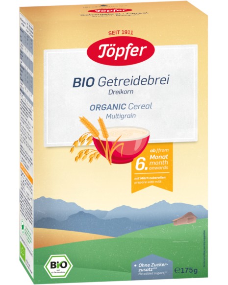 Био инстантна безмлечна каша с 3 вида зърна Topfer - 175 g, за 6+ месеца - продукт