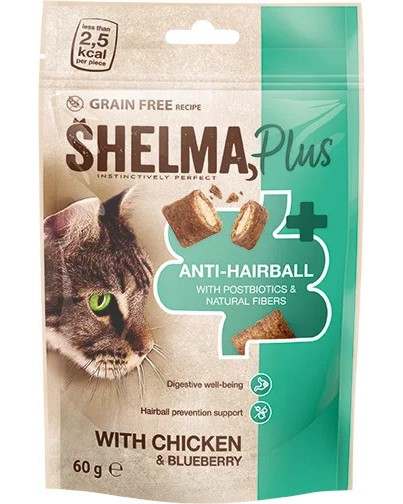Лакомства за котки против образуване на космени топки SHELMA Plus ANTI-HAIRBALL Лакомства за котки против образуване на космени топки SHELMA Plus ANTI-HAIRBALL - 60 g, с пилешко и боровинки - храна