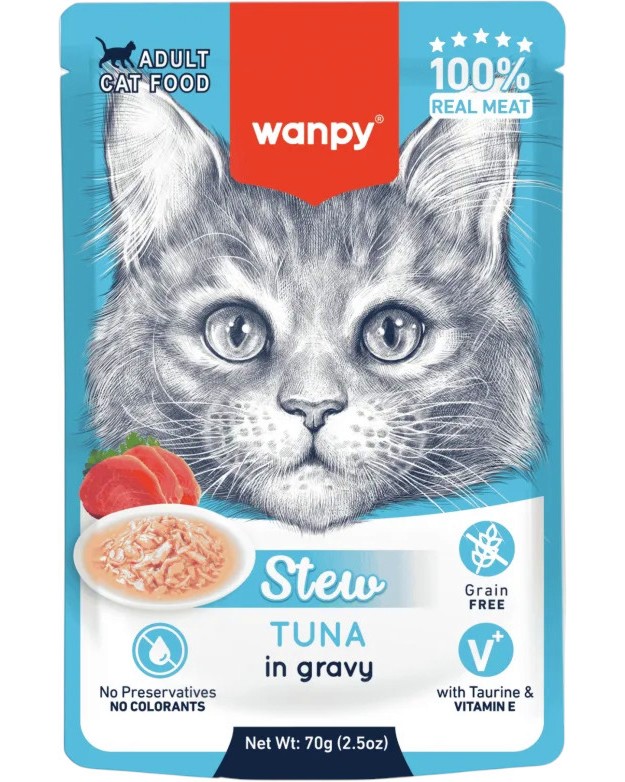 Паучове за котки Wanpy Паучове за котки Wanpy - 10 x 70 g, с риба тон в сос, от серията Stew in Gravy - храна