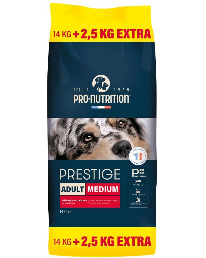 Суха храна за кучета Pro-Nutrition Adult Medium Суха храна за кучета Pro-Nutrition Adult Medium - 14 kg + 2.5 kg подарък, от серията Prestige Dog, за средни породи, с тегло от 10 до 25 kg - храна