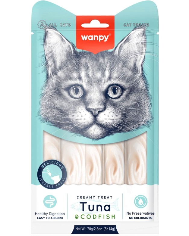 Кремообразни лакомства за котки Wanpy Кремообразни лакомства за котки Wanpy - 5 x 14 g, с риба тон и треска, за над 3 месеца - храна