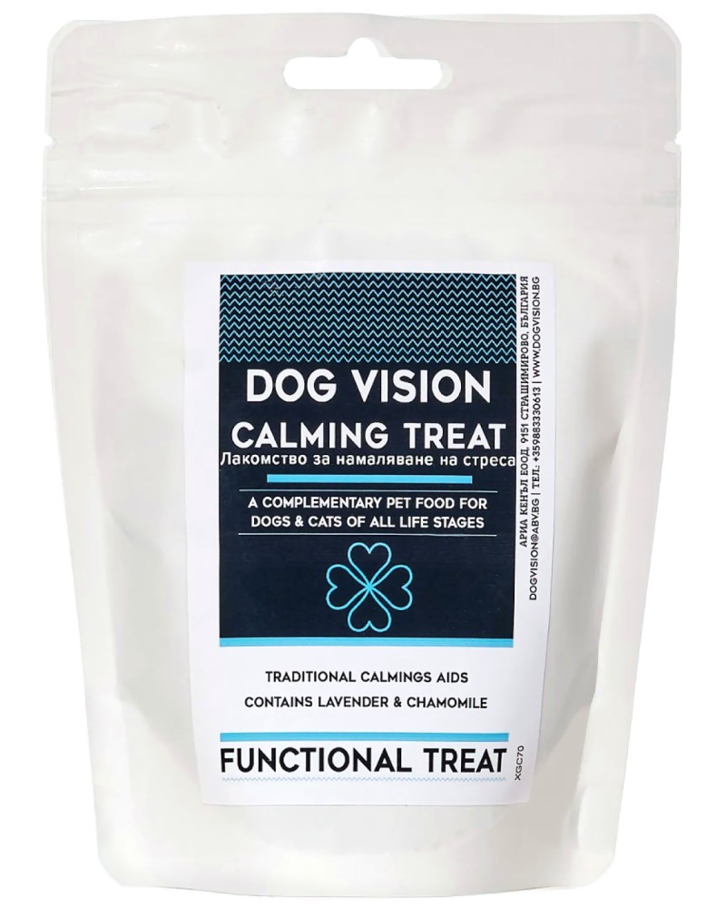 Лакомства за кучета за намаляване на стреса DOG VISION Calming Лакомства за кучета за намаляване на стреса DOG VISION Calming - 70 g, с патешко и пилешко, от серията Functional treat - храна