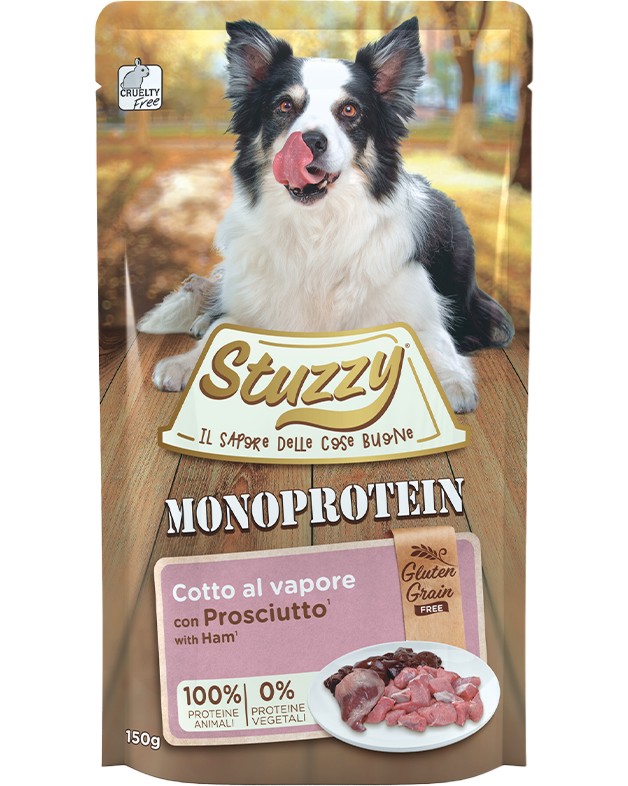Пауч за кучета Stuzzy Monoprotein Adult Пауч за кучета Stuzzy Monoprotein Adult - 150 g, с прошуто, в зряла възраст - храна