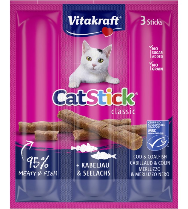 Лакомства за котки Vitakraft Cat Stick Лакомства за котки Vitakraft Cat Stick - 18 g, с атлантическа и тихоокеанска треска, от серията Classic - храна