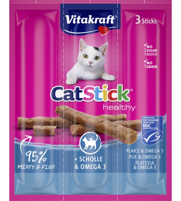 Лакомства за котки Vitakraft Cat Stick Лакомства за котки Vitakraft Cat Stick - 18 g, с камбала и Омега 3, от серията Healthy - храна