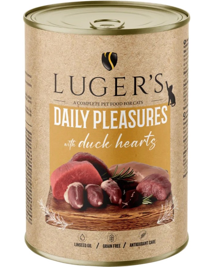 Консерви за котки Luger's Консерви за котки Luger's - 6 x 400 g, с патешки сърца, от серията Daily Pleasures, в зряла възраст - храна