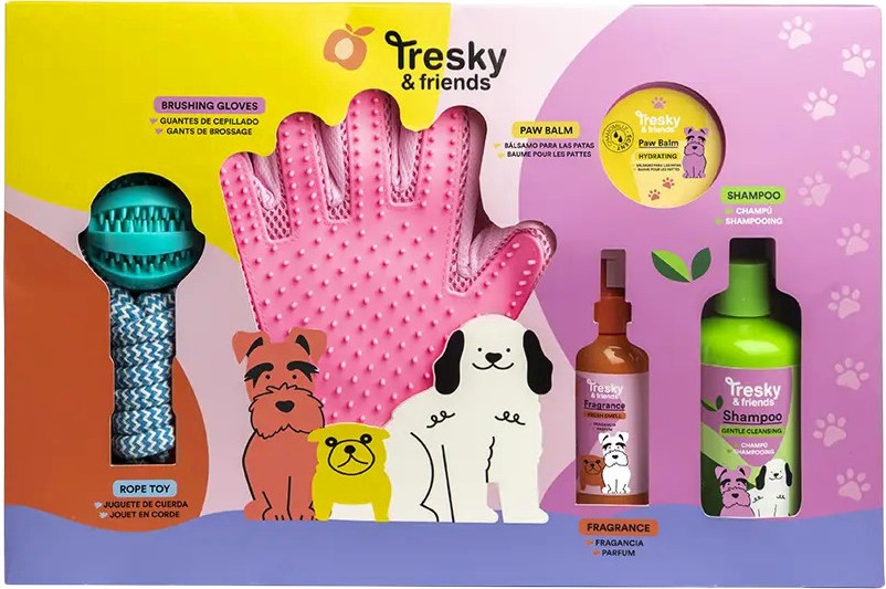 Подаръчен комплект за кучета Tresky & Friends Подаръчен комплект за кучета Tresky & Friends - С шампоан, балсам за лапи, спрей, ръкавица и въжена играчка - продукт