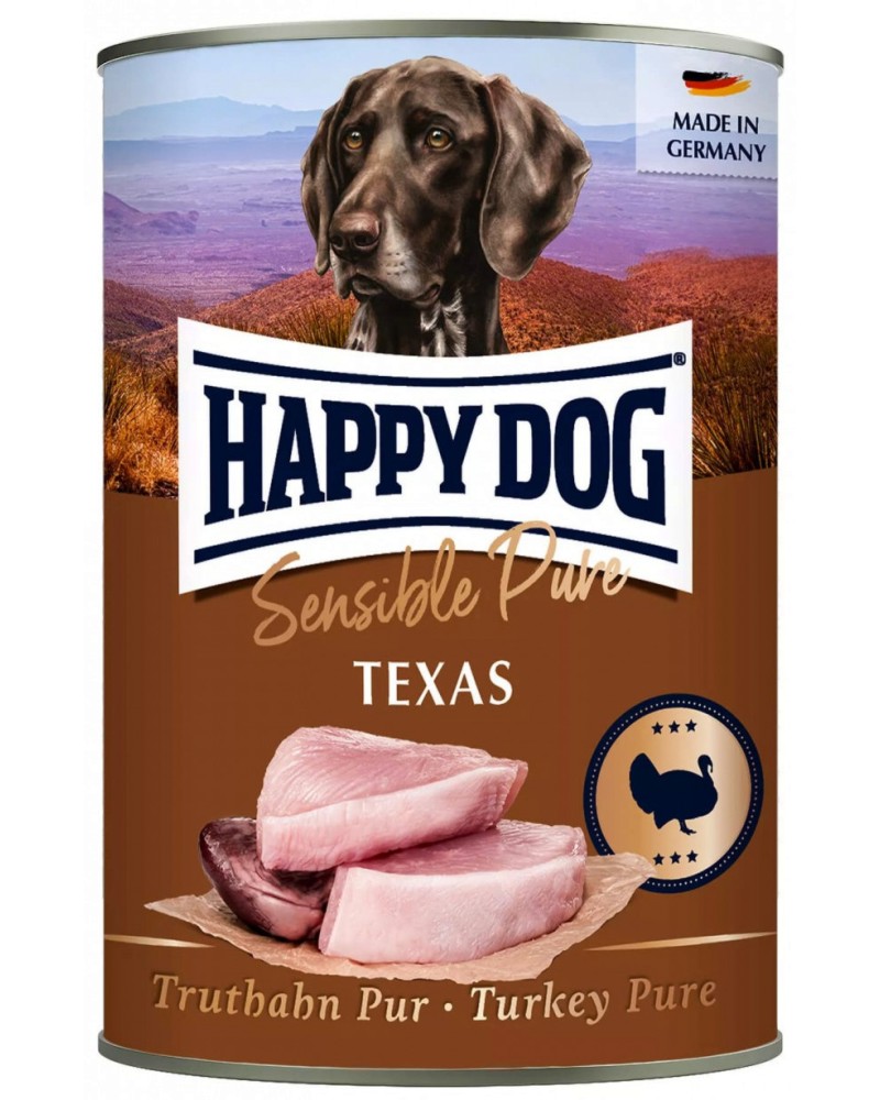 Консерва за кучета с чувствително храносмилане Happy Dog Texas Консерва за кучета с чувствително храносмилане Happy Dog Texas - 200 ÷ 800 g, с пуешко, от серията Sensible, в зряла възраст - храна