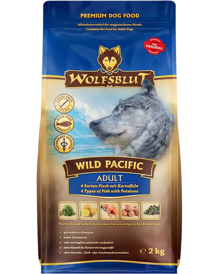 Суха храна за кучета Wolfsblut Wild Pacific Adult Суха храна за кучета Wolfsblut Wild Pacific Adult - 2 и 12.5 kg, с дива тихоокеанска риба и картофи, в зряла възраст - храна