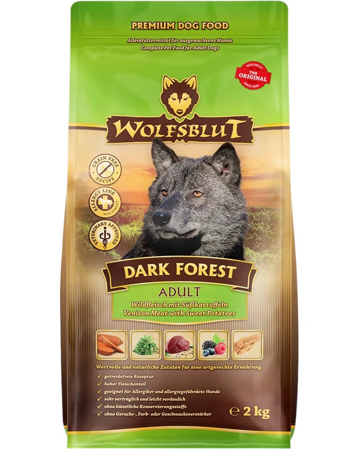 Суха храна за кучета Wolfsblut Dark Forest Adult Суха храна за кучета Wolfsblut Dark Forest Adult - 2 и 12.5 kg, с дивечово и сладки картофи, в зряла възраст - храна