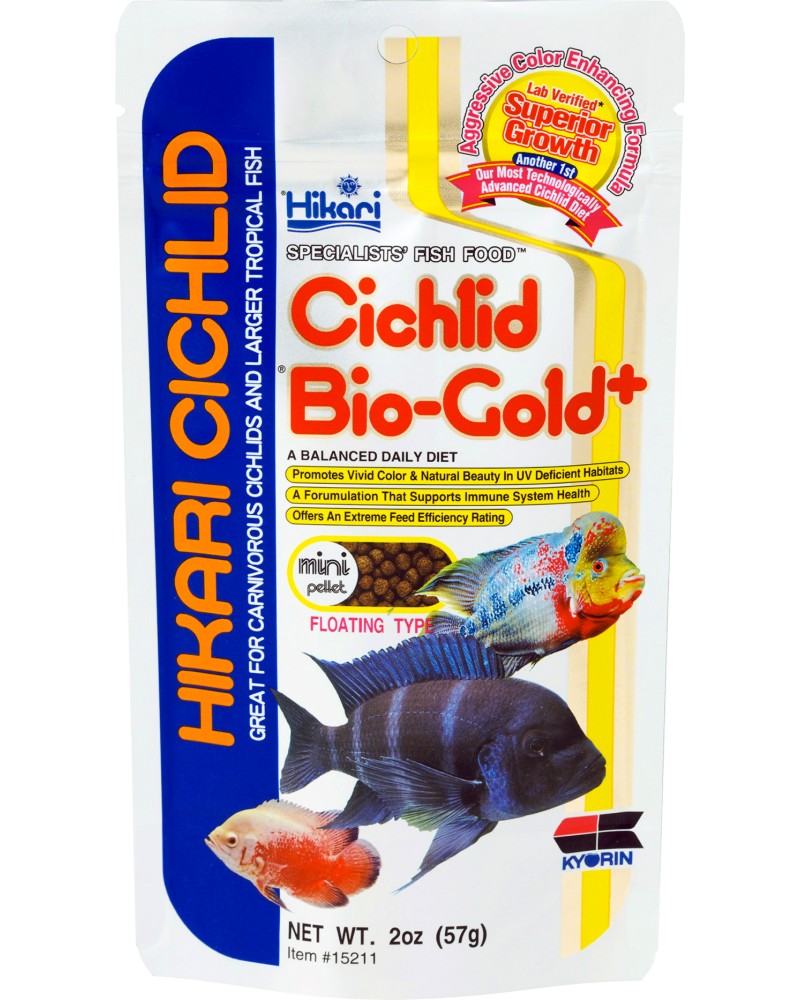 Храна за риби цихлиди Hikari Cichlid Bio-Gold+ Mini Pellet Храна за риби цихлиди Hikari Cichlid Bio-Gold+ Mini Pellet - 57 g - храна
