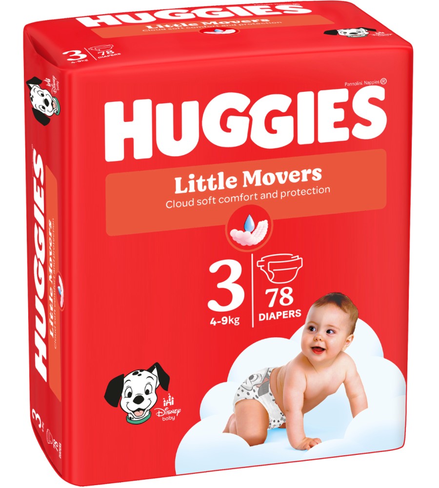 Пелени Huggies Little Movers 3 Пелени Huggies Little Movers 3 - 78 броя, за бебета 4-9 kg, на тема 101 далматинци - продукт