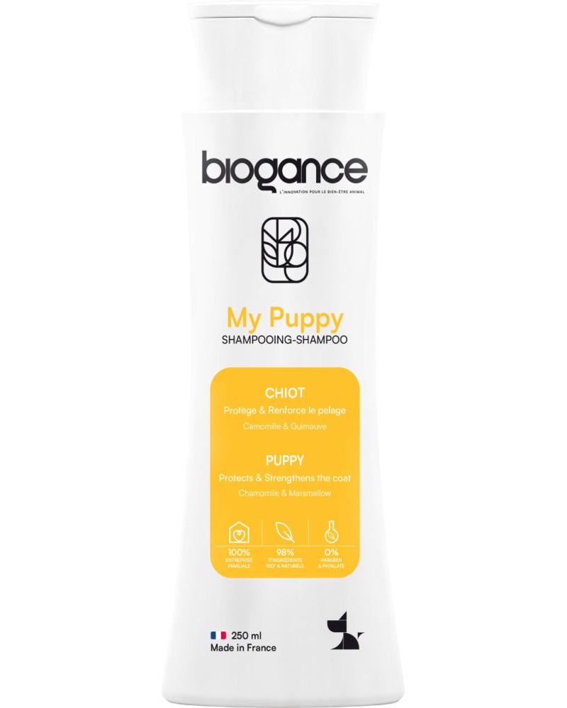 Шампоан за малки кученца BIOGANCE My Puppy Шампоан за малки кученца BIOGANCE My Puppy - 250 ml, с масло от сладък бадем, екстракти от ружа и лайка, от 0 до 12 месеца - шампоан