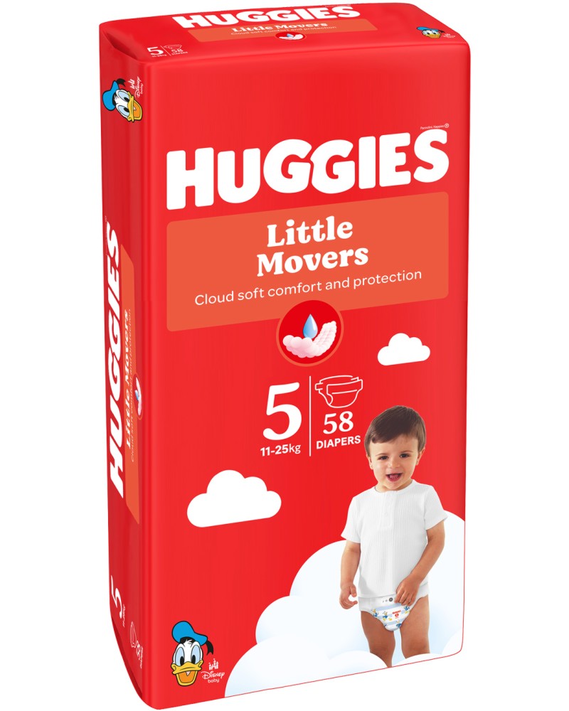 Пелени Huggies Little Movers 5 Пелени Huggies Little Movers 5 - 58 броя, за бебета 11-25 kg, на тема Мики Маус и приятели - продукт