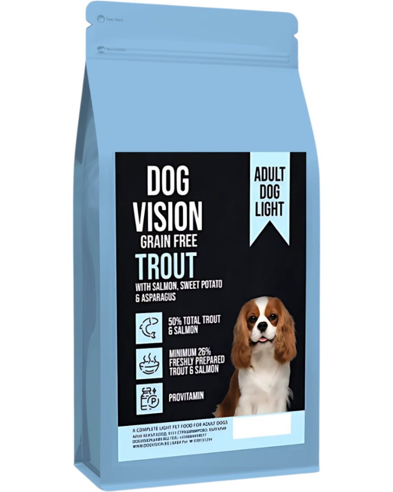 Суха храна за кастрирани кучета DOG VISION Grain Free Adult Light Суха храна за кастрирани кучета DOG VISION Grain Free Adult Light - 2 ÷ 12 kg, с пъстърва, сьомга, сладък картоф и аспержи, над 1 година - храна