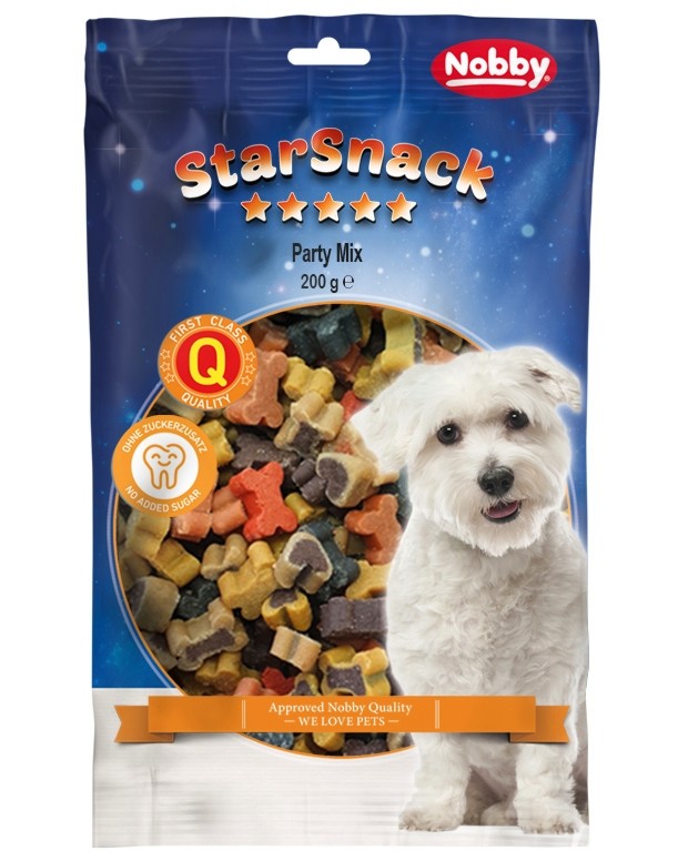 Лакомства за кучета Nobby Party Mix Лакомства за кучета Nobby Party Mix - 0.2 ÷ 1.8 kg, с шкембе, агнешко, дивечово, птиче, говеждо и масло от сьомга, от серията StarSnack - храна