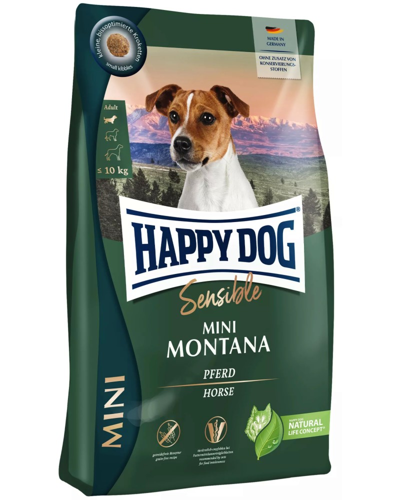 Суха храна за кучета с чувствително храносмилане Happy Dog Mini Montana Adult Суха храна за кучета с чувствително храносмилане Happy Dog Mini Montana Adult - 0.8 и 4 kg, с конско, от серията Sensible, в зряла възраст, до 10 kg - храна