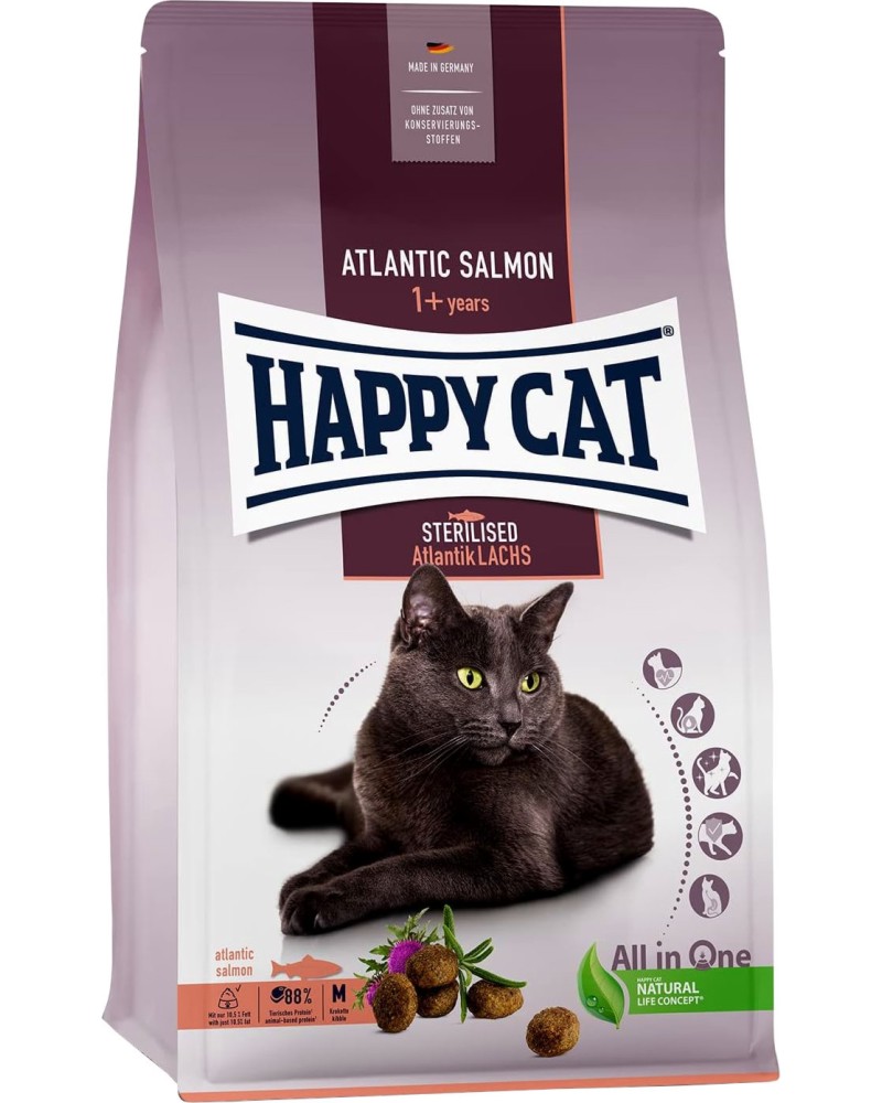 Суха храна за кастрирани котки Happy Cat Sterilised Adult Суха храна за кастрирани котки Happy Cat Sterilised Adult - 0.3 ÷ 10 kg, със сьомга, в зряла възраст - храна