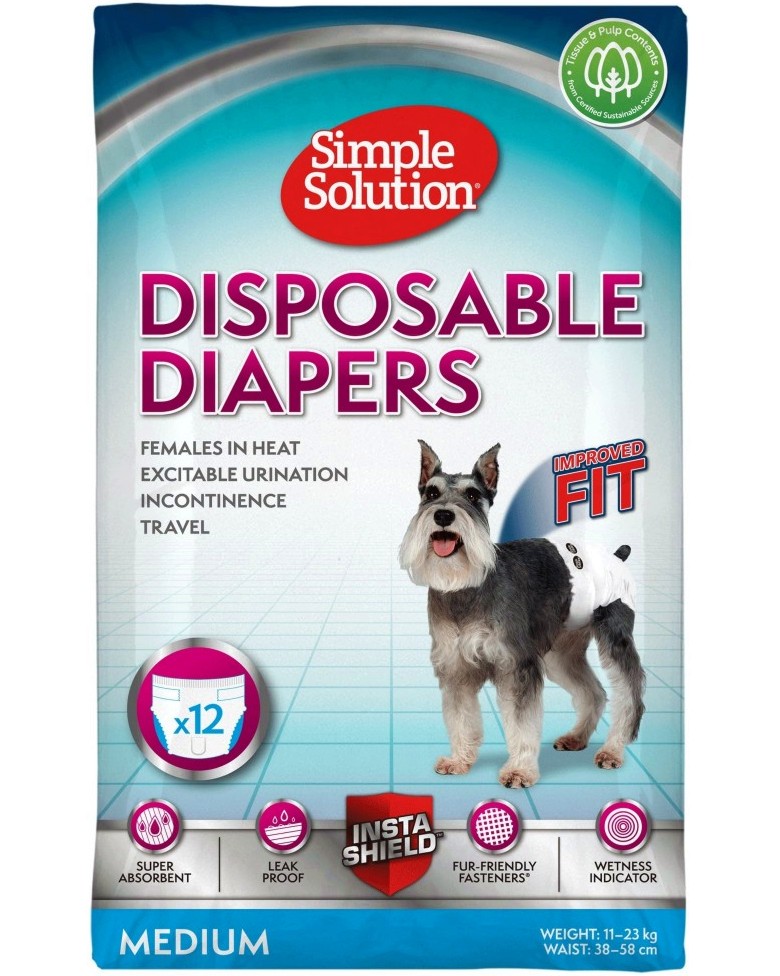 Пелени за женски кучета Simple Solution M Пелени за женски кучета Simple Solution M - 12 броя, от 38 до 58 cm - продукт