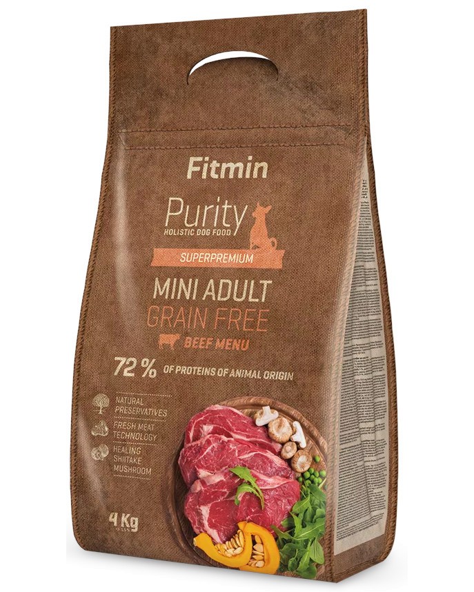 Суха храна за кучета Fitmin Grain Free Mini Adult Суха храна за кучета Fitmin Grain Free Mini Adult - 4 kg, с говеждо, от серията Purity Holistic, в зряла възраст - храна