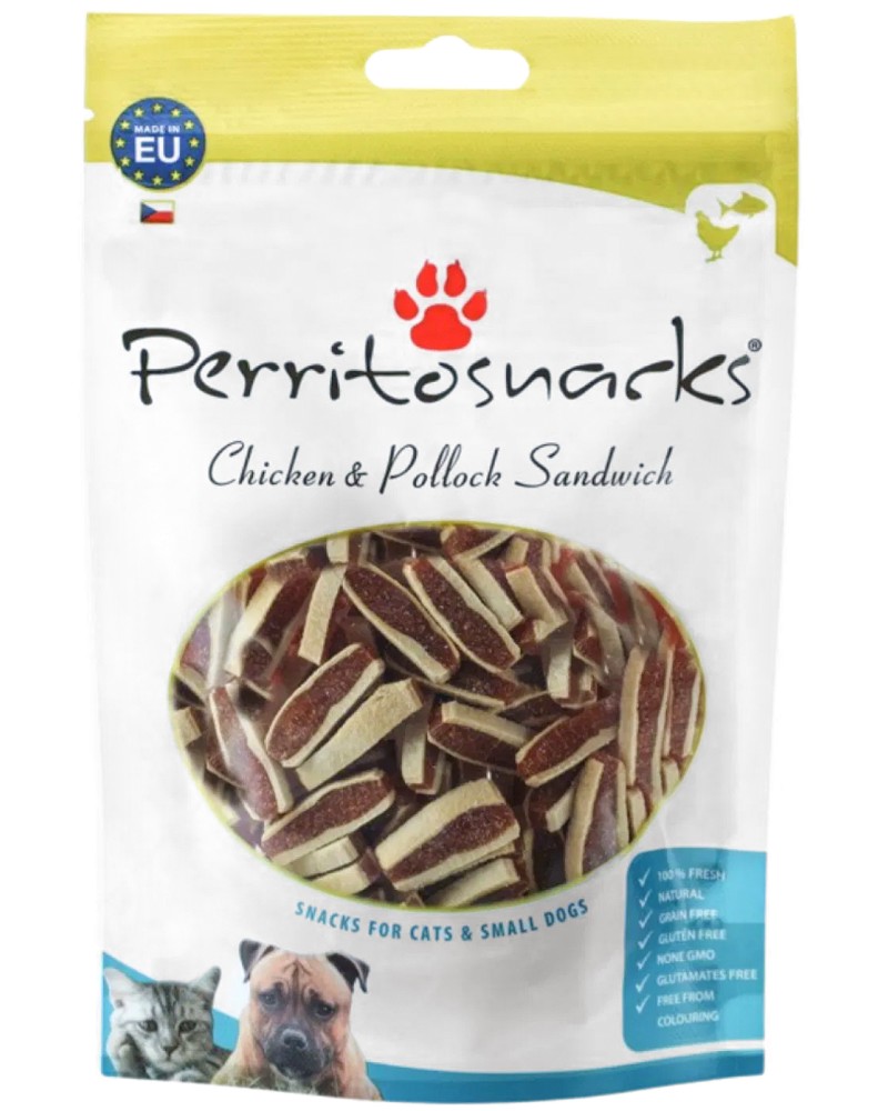 Лакомства за кучета и котки Perrito Sandwich Лакомства за кучета и котки Perrito Sandwich - 100 g, с пилешко и треска - храна