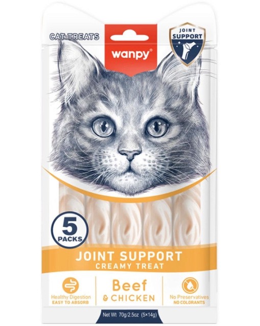 Кремообразни лакомства за котки за здрави стави Wanpy Joint Support Кремообразни лакомства за котки за здрави стави Wanpy Joint Support - 5 x 14 g, с говеждо и пилешко, за над 3 месеца - храна