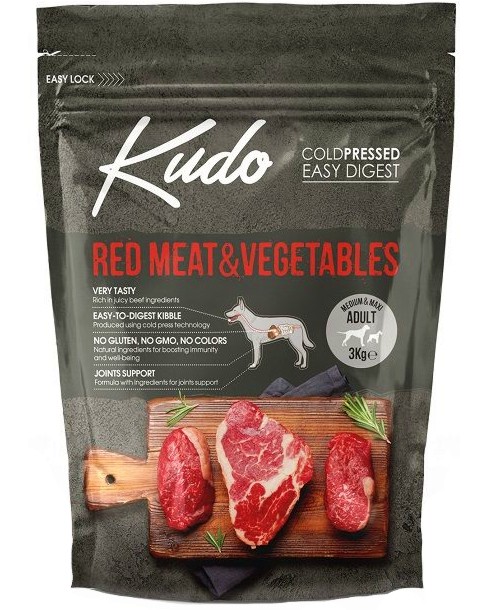 Студено пресована суха храна за кучета Kudo Medium & Maxi Adult Студено пресована суха храна за кучета Kudo Medium & Maxi Adult - 3 и 12 kg, с червено месо и зеленчуци, за средни и големи породи, в зряла възраст - храна