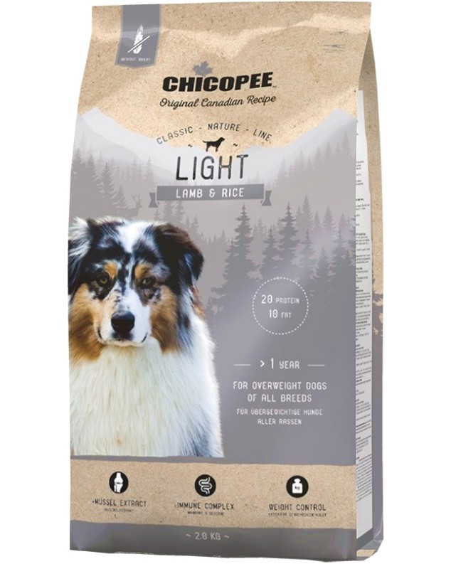 Суха храна за кучета с наднормено тегло CHICOPEE Light Суха храна за кучета с наднормено тегло CHICOPEE Light - 2 и 15 kg, с агнешко и ориз, от серията Classic Nature Line, за над 1 година - храна
