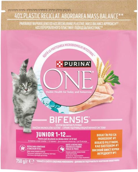Суха храна за котки Purina ONE Bifensis Junior Суха храна за котки Purina ONE Bifensis Junior - 750 g, с пилешко, от 1 до 12 месеца - храна