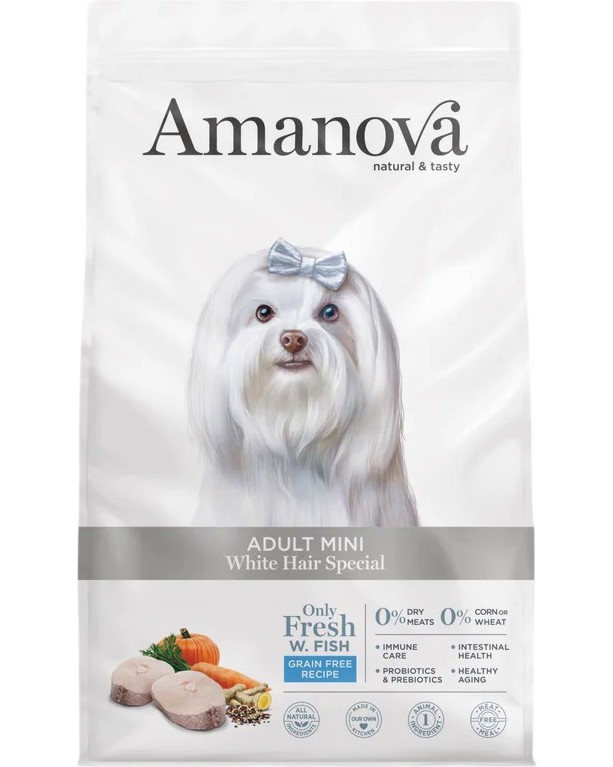 Натурална суха храна за кучета с бяла козина Amanova Adult Mini White Hair Special Натурална суха храна за кучета с бяла козина Amanova Adult Mini White Hair Special - 0.8 ÷ 7 kg, с бяла риба, за дребни и малки породи, над 10 месеца - храна