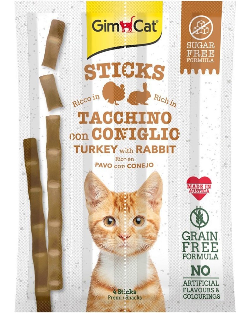 Лакомства за котки GimCat Sticks Лакомства за котки GimCat Sticks - 4 x 5 g, с пуешко и заешко - храна