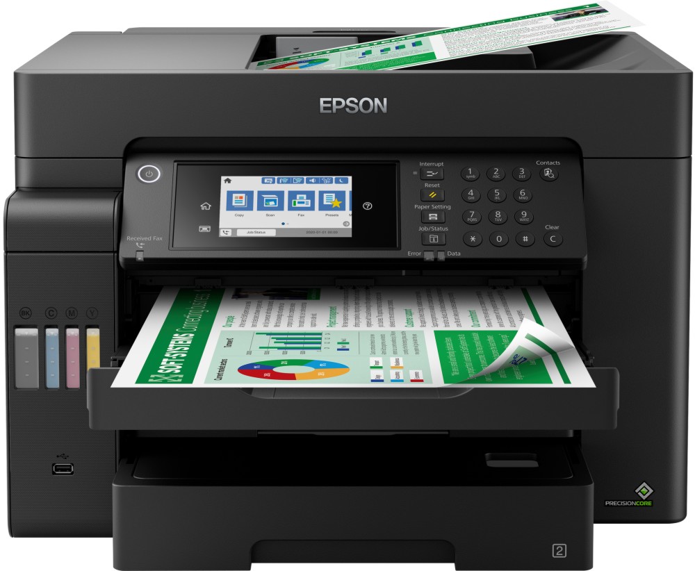 Мултифункционално мастиленоструйно устройство Epson EcoTank L15150 Мултифункционално мастиленоструйно устройство Epson EcoTank L15150 - Цветен принтер / копир / скенер / факс, 4800 x 2400 dpi, 32 стр/мин, USB, LAN, Wi-Fi, A3+ -