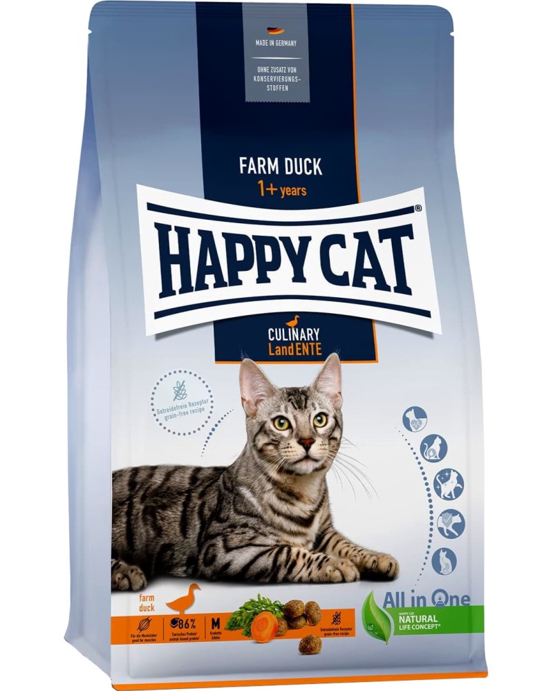 Суха храна за котки Happy Cat Adult Суха храна за котки Happy Cat Adult - 0.3 ÷ 4 kg, с патешко, от серията Culinary, в зряла възраст - храна